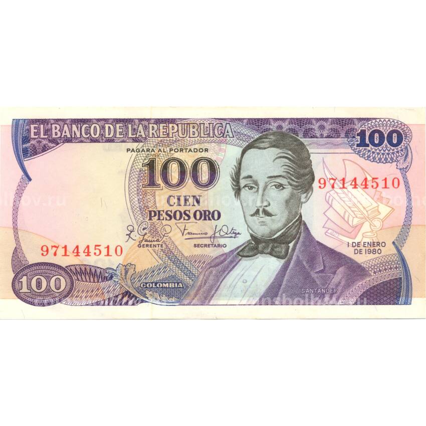 Банкнота 100 песо 1980 года Колумбия