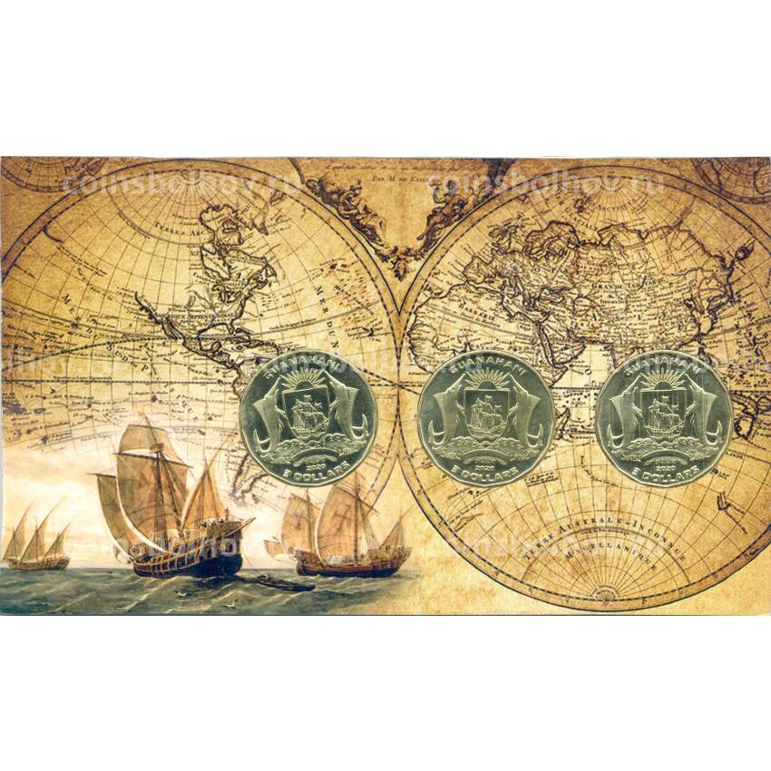 Набор монет 3 доллара 2020 года Остров Гуанахани (Багамские острова) «Христофор Колумб — Парусники» (вид 2)