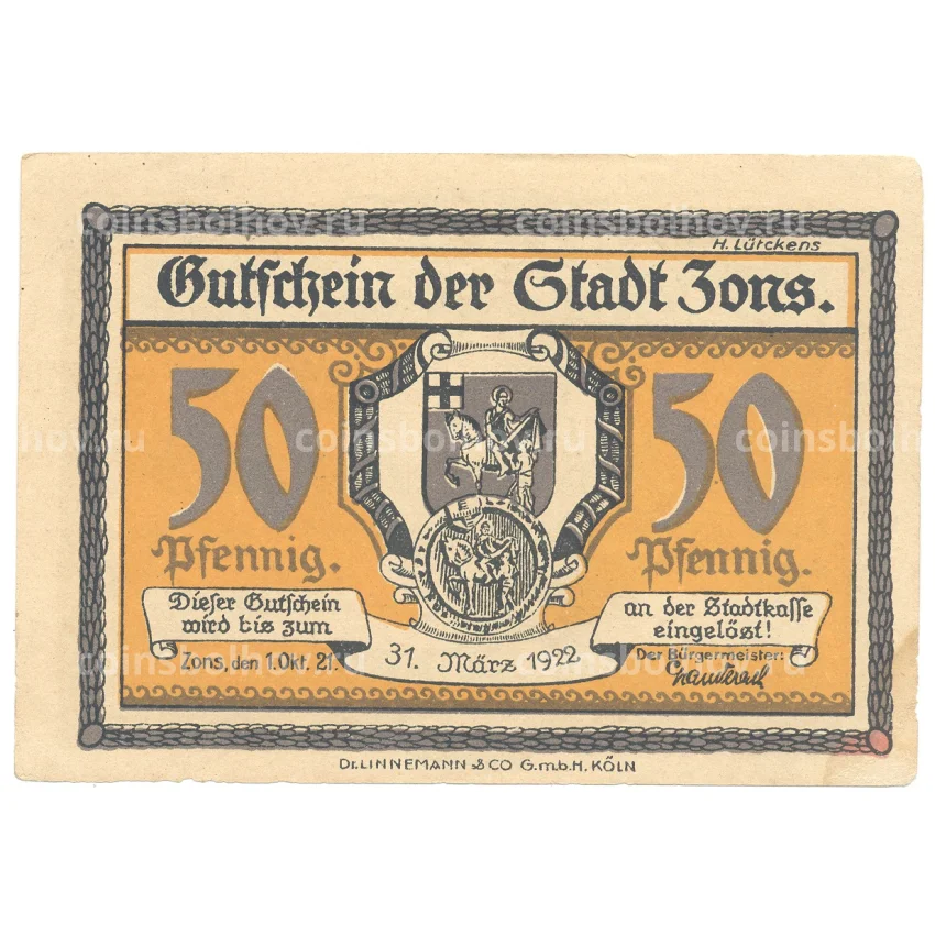 Банкнота 50 пфеннигов 1921 года Германия — Нотгельд (Цонс) (вид 2)