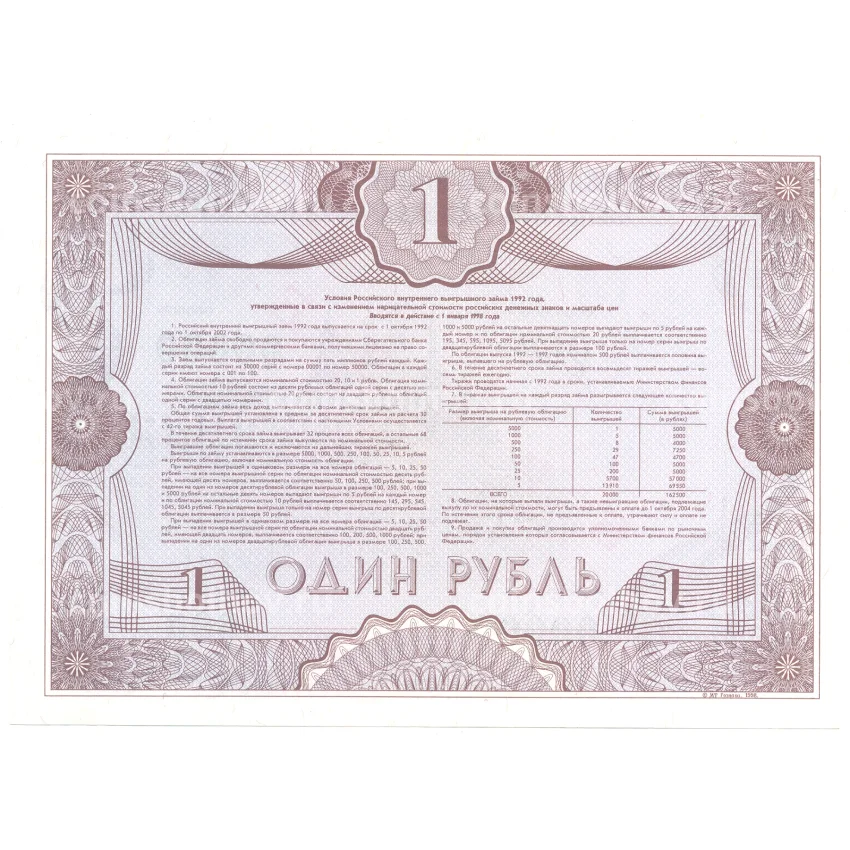 Банкнота 1 рубль 1992 года Облигация госзайма — Образец (вид 2)