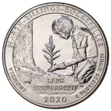 Монета 25 центов (1/4 доллара) 2020 года D США Национальные парки — №54 Национальный исторический парк Марш-Биллингс-Рокфеллер (аверс)