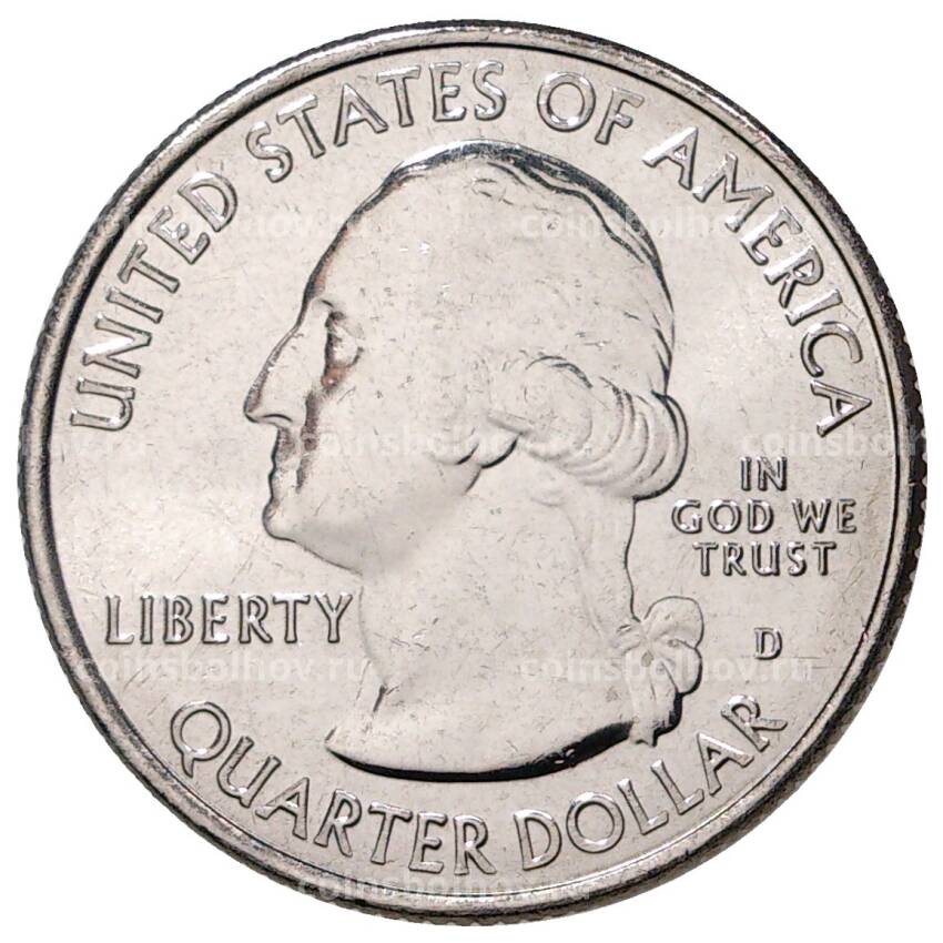 Монета 25 центов (1/4 доллара) 2020 года D США Национальные парки — №54 Национальный исторический парк Марш-Биллингс-Рокфеллер (вид 2)