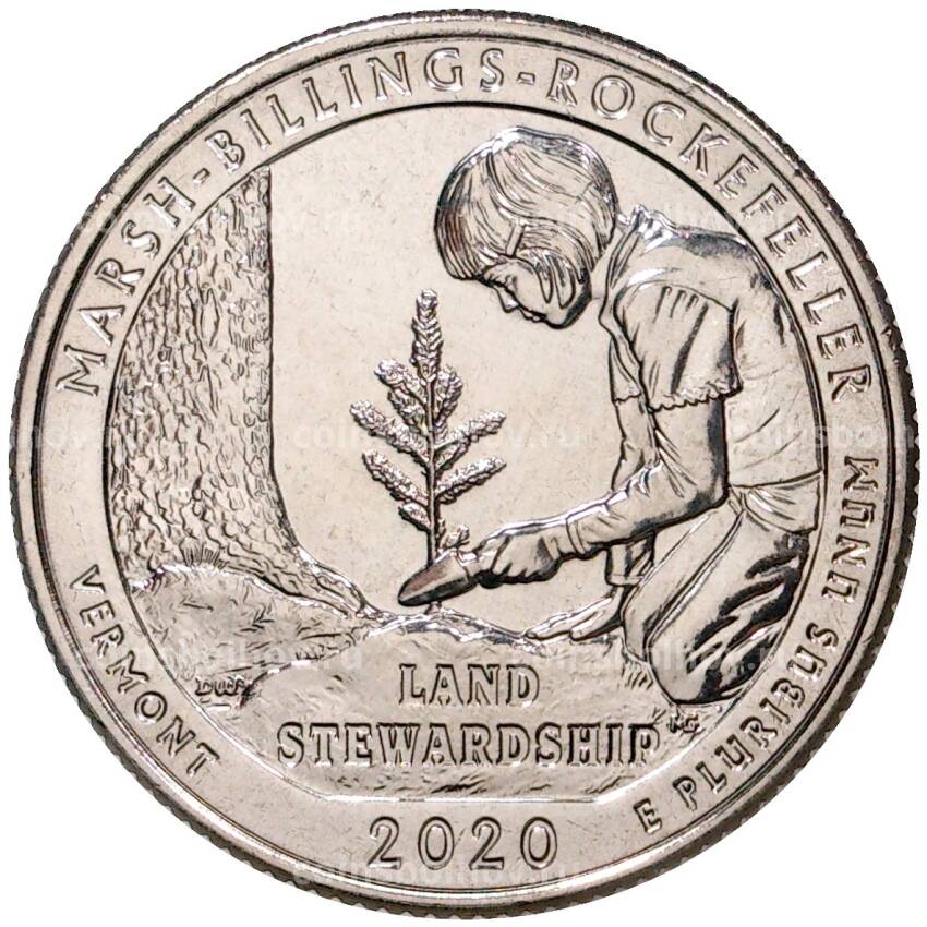 Монета 25 центов (1/4 доллара) 2020 года S США Национальные парки — №54 Национальный исторический парк Марш-Биллингс-Рокфеллер