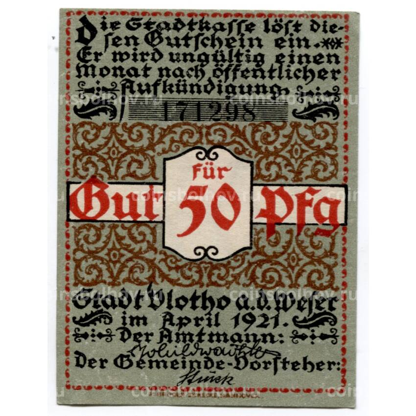 Банкнота 50 пфеннигов 1921 года Германия — Нотгельд (Флото) (вид 2)