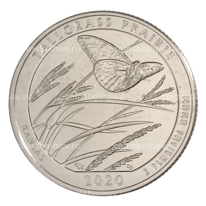 Монета 25 центов (1/4 доллара) 2020 года S США Национальные парки — №55 Национальный заповедник Толлграсс-Прери