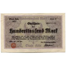 Банкнота 100000 марок 1923 года Германия — Нотгельд (Кёльн) (аверс)