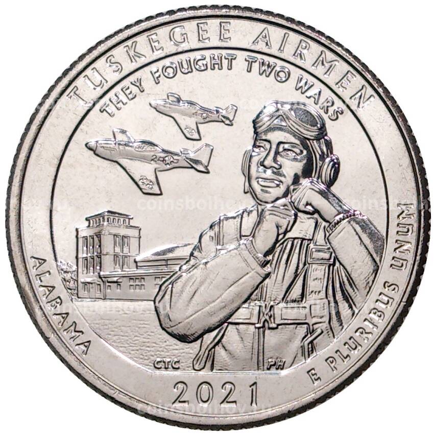Монета 25 центов (1/4 доллара) 2021 года D США «Национальные парки — №56 Национальное историческое место Пилоты из Таскиги»