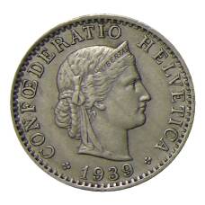 Монета 20 раппенов 1939 года Швейцария (аверс)