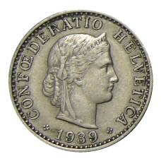 Монета 20 раппенов 1939 года Швейцария (аверс)