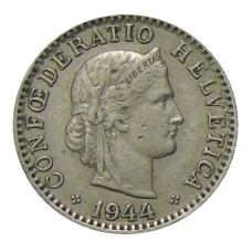 Монета 20 раппенов 1944 года Швейцария (аверс)