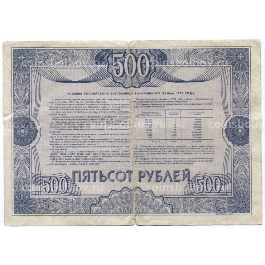 Банкнота 500 рублей 1992 года Облигация госзайма (вид 2)