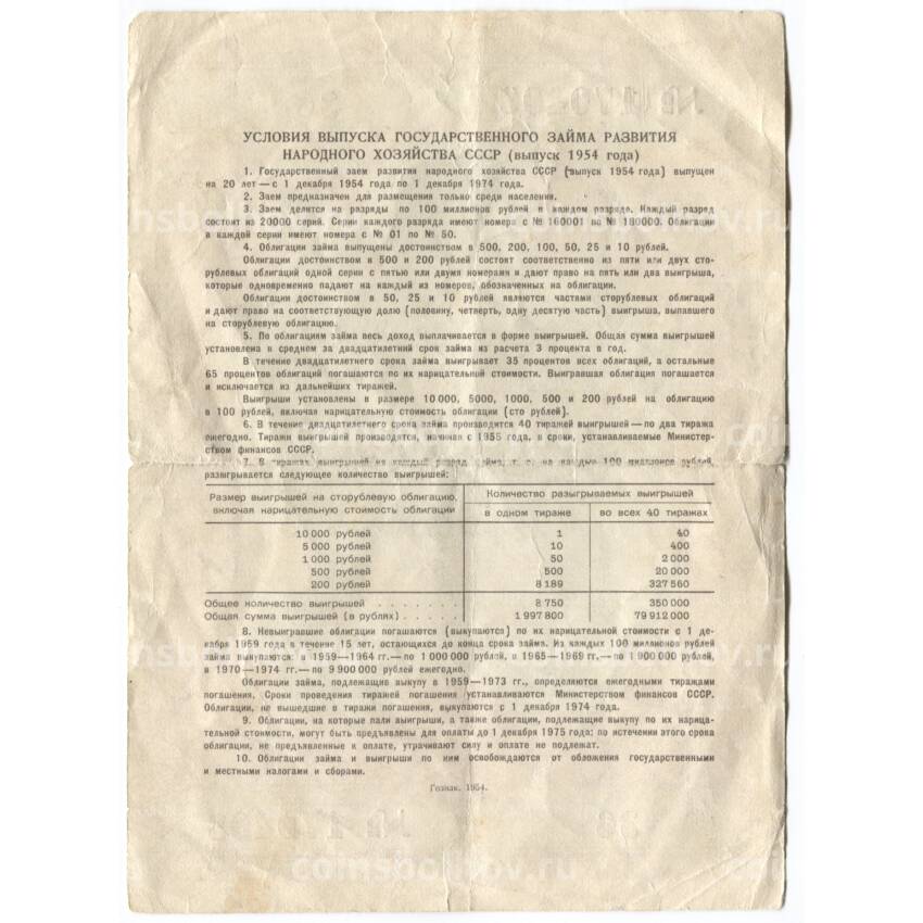 Банкнота 50 рублей 1954 года Облигация госзайма (вид 2)
