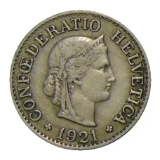Монета 10 раппенов 1921 года Швейцария (аверс)