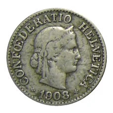 Монета 10 раппенов 1908 года Швейцария (аверс)