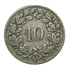Монета 10 раппенов 1908 года Швейцария (реверс)