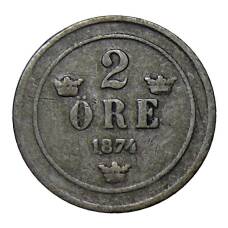 Монета 2 эре 1874 года Швеция (аверс)