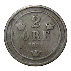 Монета 2 эре 1874 года Швеция (аверс)