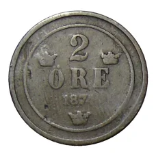 Монета 2 эре 1874 года Швеция (аверс)