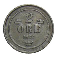 Монета 2 эре 1874 года Швеция (аверс)