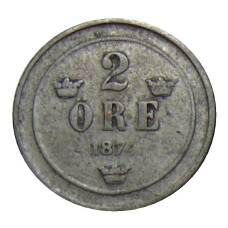 Монета 2 эре 1874 года Швеция (аверс)