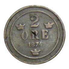 Монета 2 эре 1874 года Швеция (аверс)