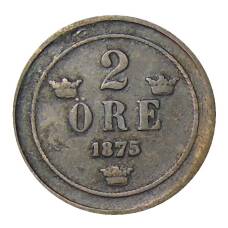 Монета 2 эре 1875 года Швеция (аверс)