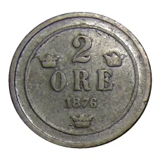 Монета 2 эре 1876 года Швеция (аверс)