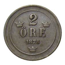 Монета 2 эре 1878 года Швеция (аверс)