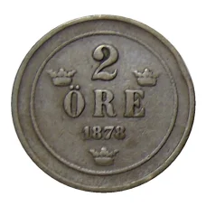 Монета 2 эре 1878 года Швеция (аверс)