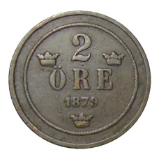 Монета 2 эре 1879 года Швеция (аверс)