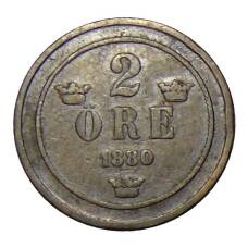 Монета 2 эре 1880 года Швеция (аверс)