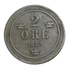 Монета 2 эре 1885 года Швеция (аверс)