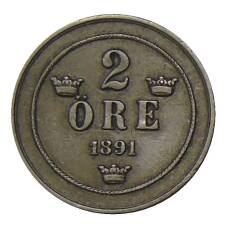 Монета 2 эре 1891 года Швеция (аверс)