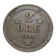 Монета 2 эре 1891 года Швеция (аверс)
