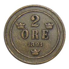Монета 2 эре 1891 года Швеция (аверс)