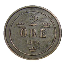 Монета 2 эре 1894 года Швеция (аверс)