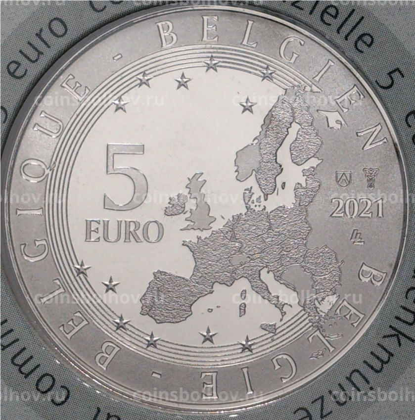 Монета 5 евро 2021 года Бельгия — 75 лет комиксу «Блейк и Мортимер» (цветное покрытие, в блистере) (вид 4)