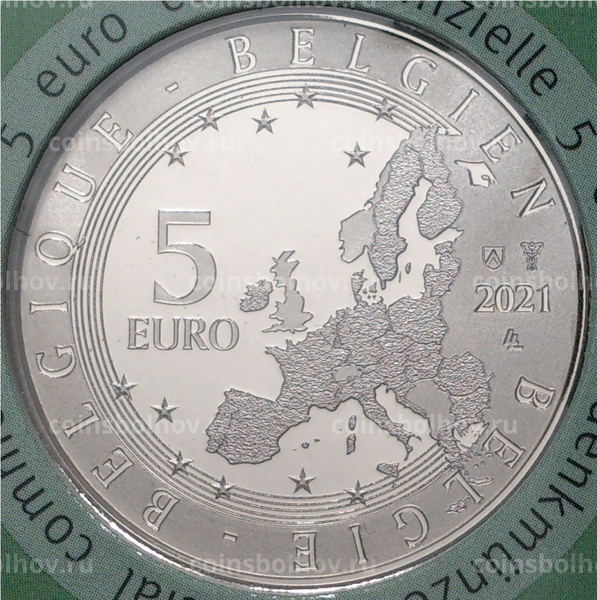 Монета 5 евро 2021 года Бельгия — 75 лет комиксу «Блейк и Мортимер» (в блистере) (вид 4)