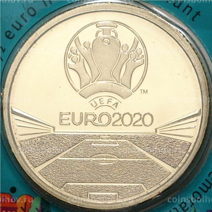 Монета 2.5 евро 2021 года Бельгия — Чемпионат Европы по футболу UEFA EURO 2020 (надписи на лицевой стороне блистера на фламандском и английском языке) (вид 3)