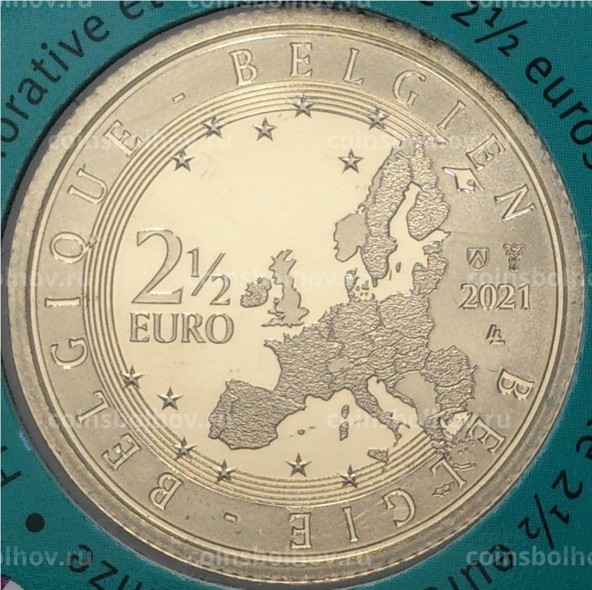 Монета 2.5 евро 2021 года Бельгия — Чемпионат Европы по футболу UEFA EURO 2020 (надписи на лицевой стороне блистера на фламандском и английском языке) (вид 4)