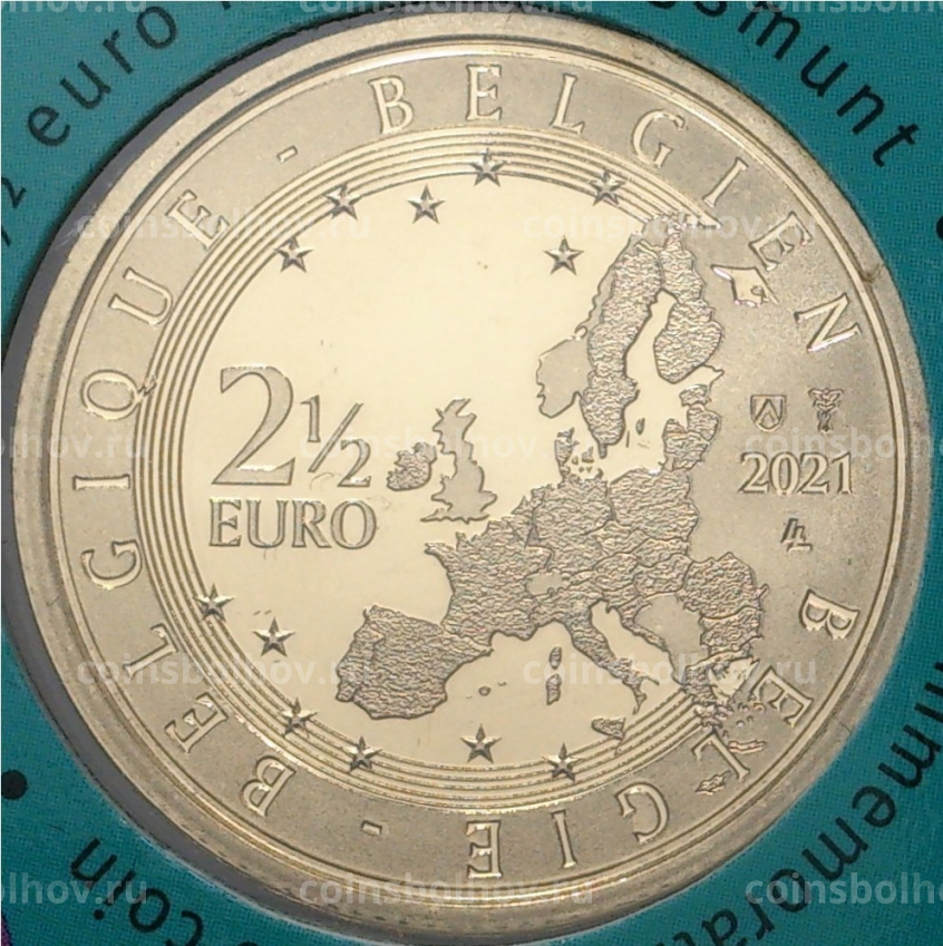 Монета 2.5 евро 2021 года Бельгия — Чемпионат Европы по футболу UEFA EURO 2020 (надписи на лицевой стороне блистера на французском и немецком языке) (вид 4)