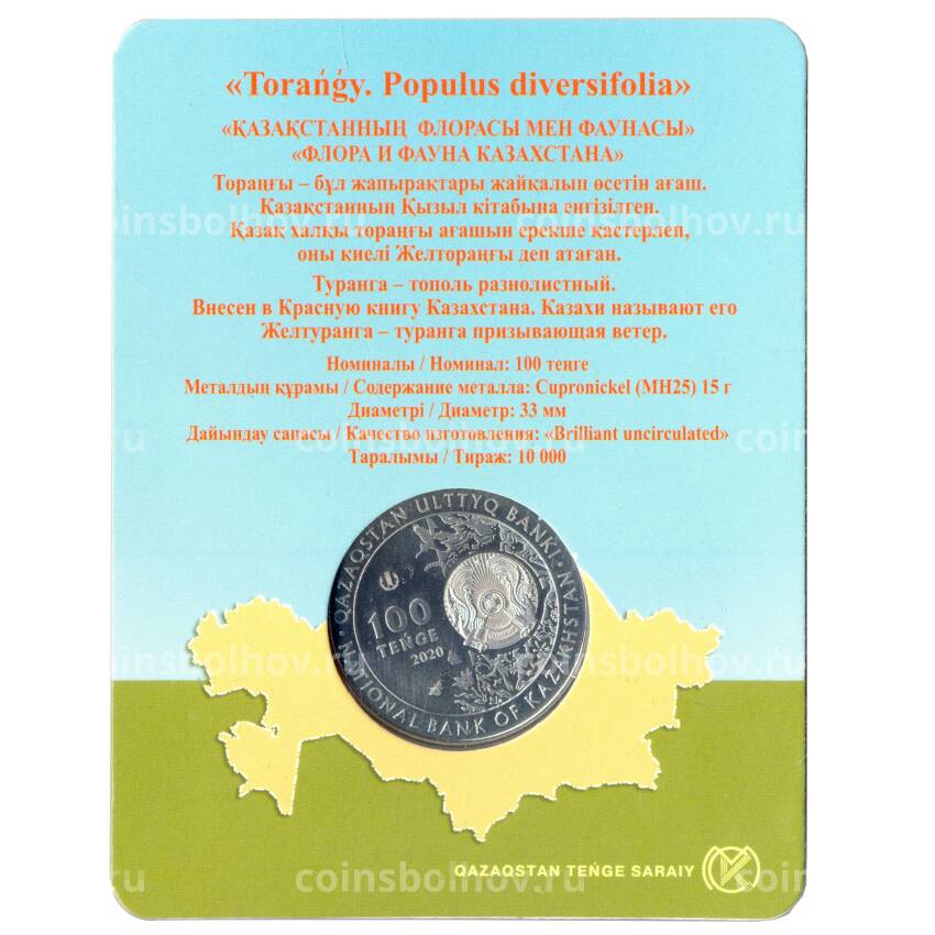 Монета 100 тенге 2020 года Казахстан — Тополь разнолистный (Populus diversifolia) 33мм в блистере (вид 2)