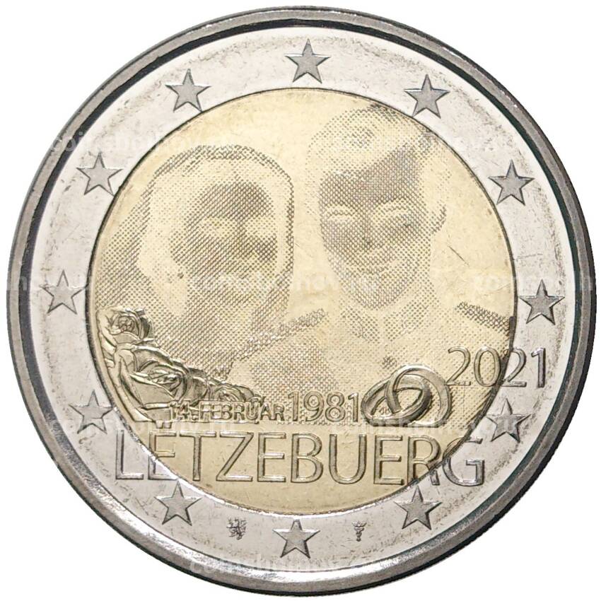 Монета 2 евро 2021 года Люксембург — 40 лет бракосочетанию Великого Герцога Анри и Великой Герцогини Марии-Терезы (Плоский чекан — лазерная гравировка)