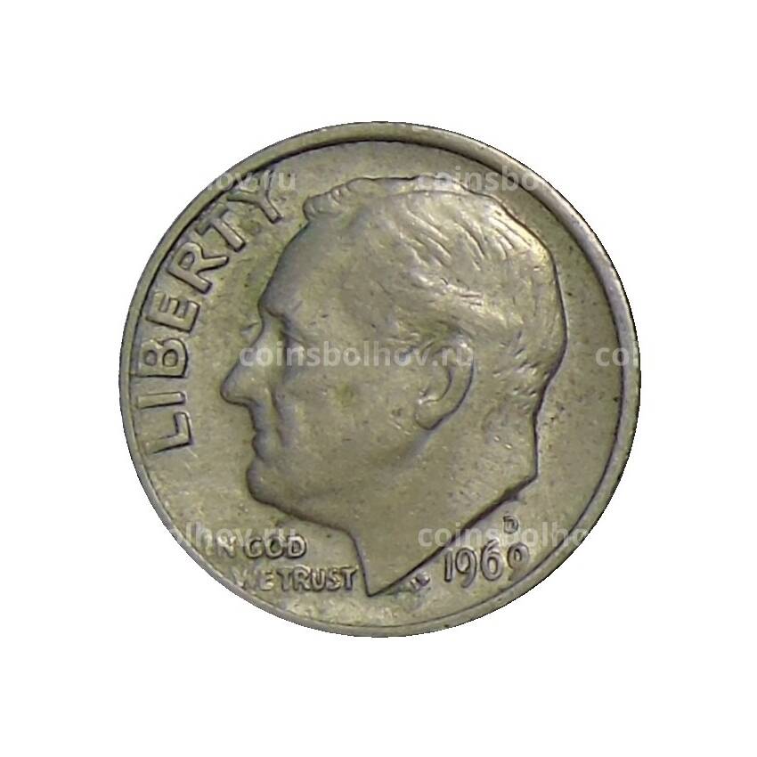 Монета 1 дайм (10 центов) 1969 года D США
