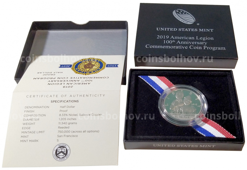 Монета 1/2 доллара 2019 года S США — 100 лет американскому легиону (в подарочной коробке) (вид 3)