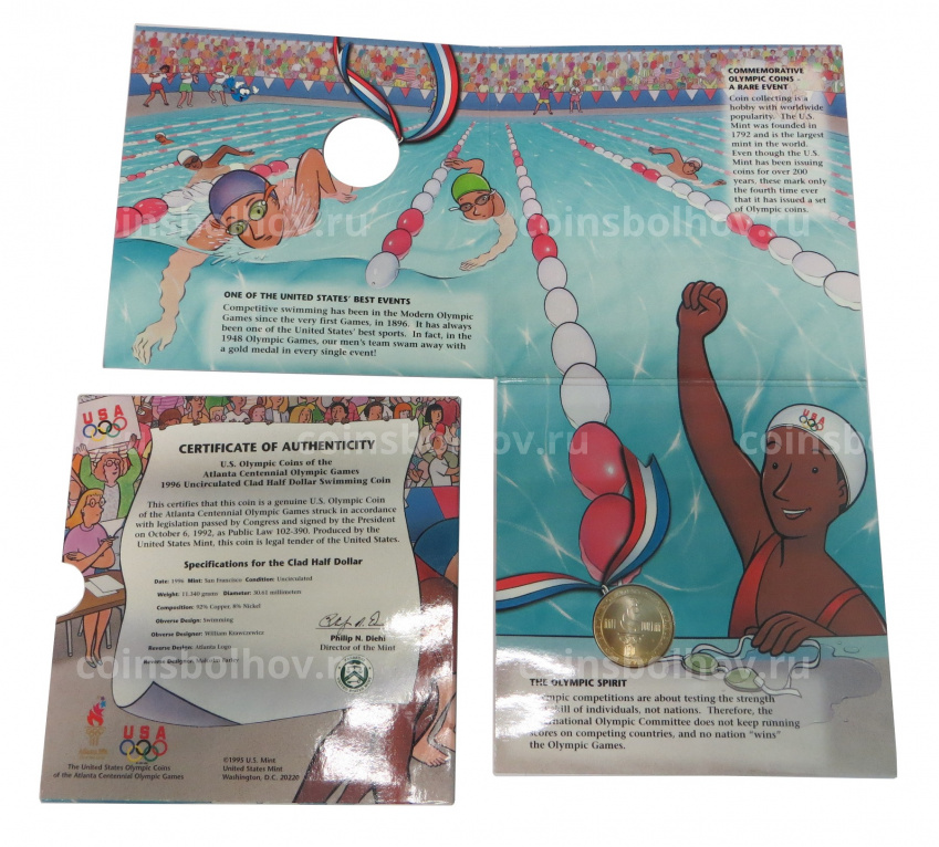 Монета 1/2 доллара (50 центов) 1996 года S США «XXVI летние Олимпийские Игры в Атланте 1996 — Плавание» (в подарочном буклете) (вид 6)