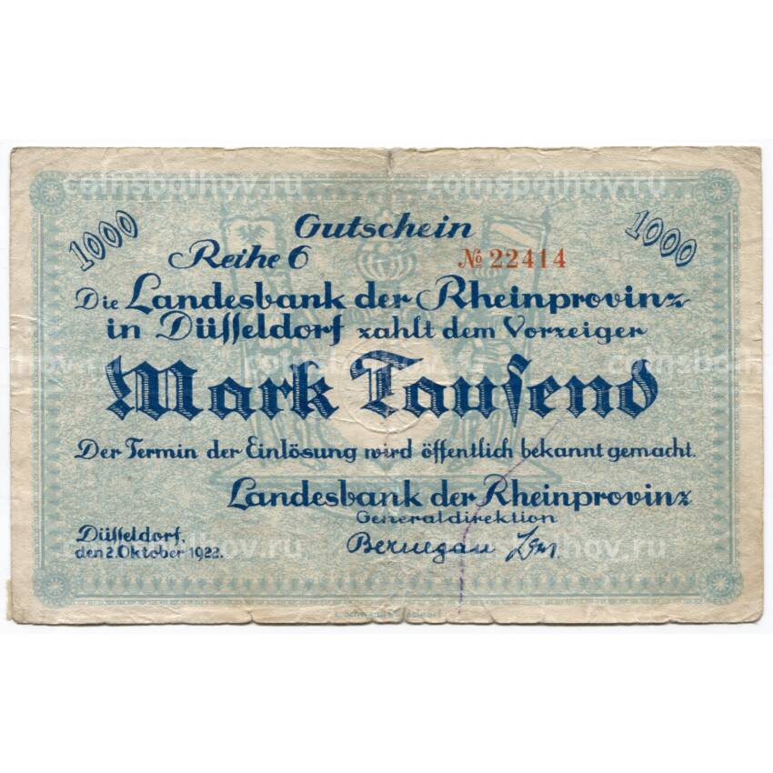 Банкнота 1000 марок 1922 года Германия — Нотгельд (Дюссельдорф)