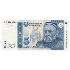 Банкнота 5 сомони 1999 года Таджикистан — без полосы
