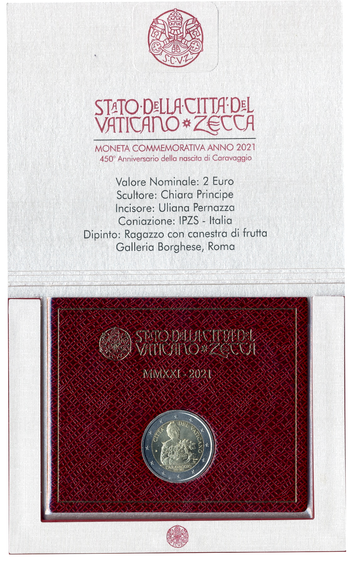 Монета 2 евро 2021 года Ватикан —  450 лет со дня рождения Караваджо (в буклете) (вид 3)