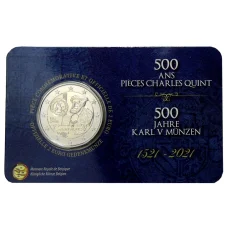 Монета 2 евро 2021 года Бельгия —  500 лет выпуску гульдена Карла V (текст на л.ст. блистера на французском и немецком) (аверс)